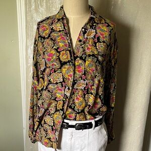 Black Paisley Button-Up Shirt with Pink & Yellow Accents